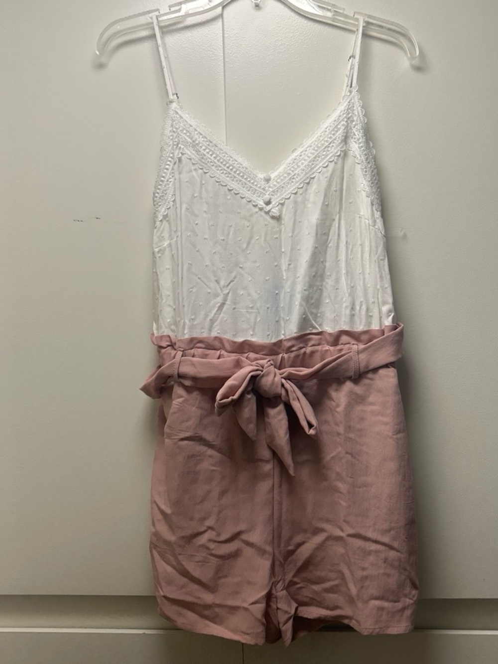 Sweet Wanderer White Lace Cami with Dusty Rose Tie-Waist Romper